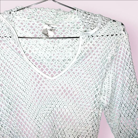 Alexa‎ & Stella Crochet Knit Coverup White Hoodie Pullover Mini Beachy Trendy - Picture 4 of 10